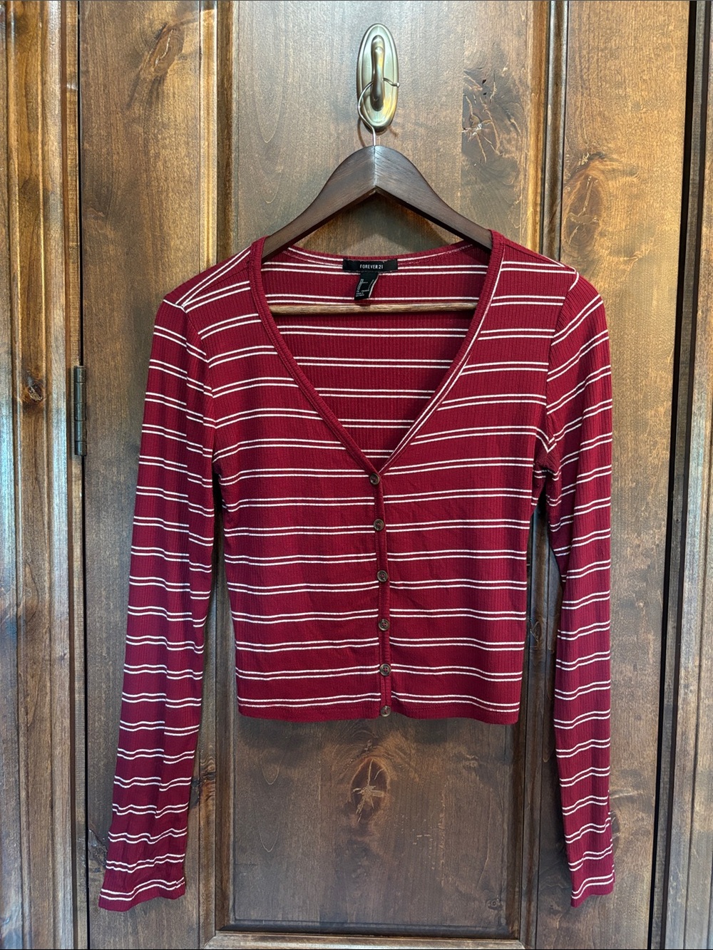 Forever 21 Burgundy & White Striped Button-Front V-Neck Crop Cardigan